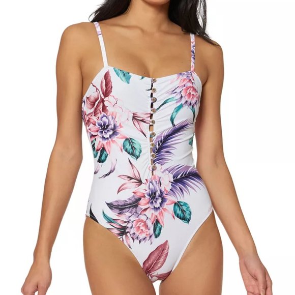 Jessica Simpson Floral-Print Button One-Piece Swimsuit - Picture 1 of 2